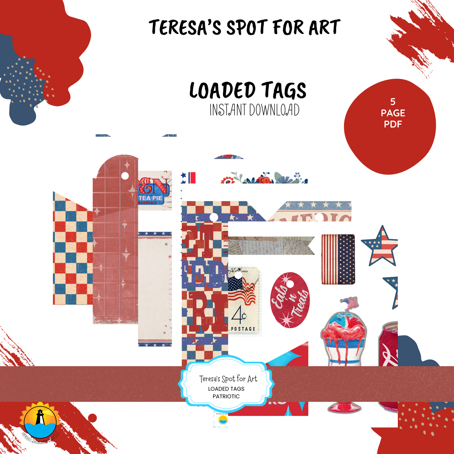 Patriotic Themed Loaded Tags Printable –Instant 5 page Download