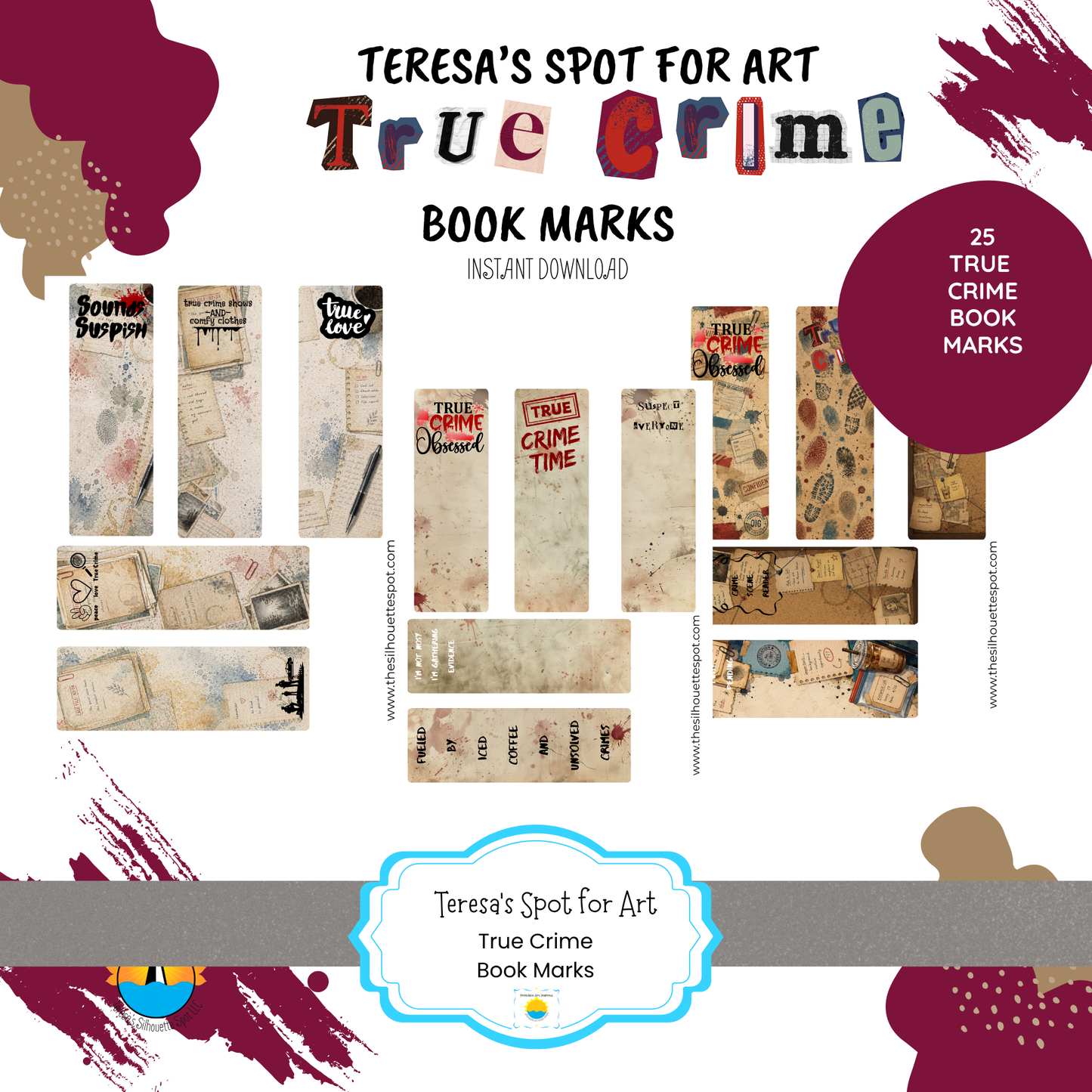 Printable True Crime Bookmarks | 25  Bookmarks for True Crime Book Lovers | Instant Download