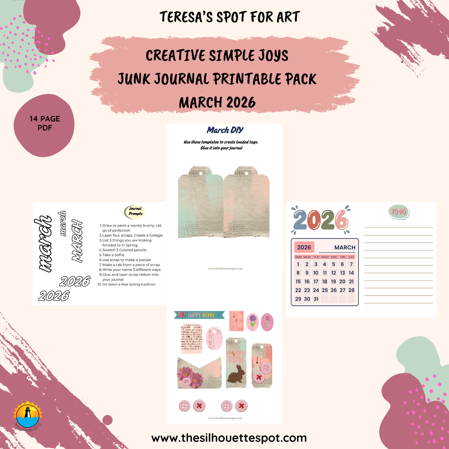 Junk Journal Monthly Bundle for March 2026- 14 Page PDF Junk Journal Printable