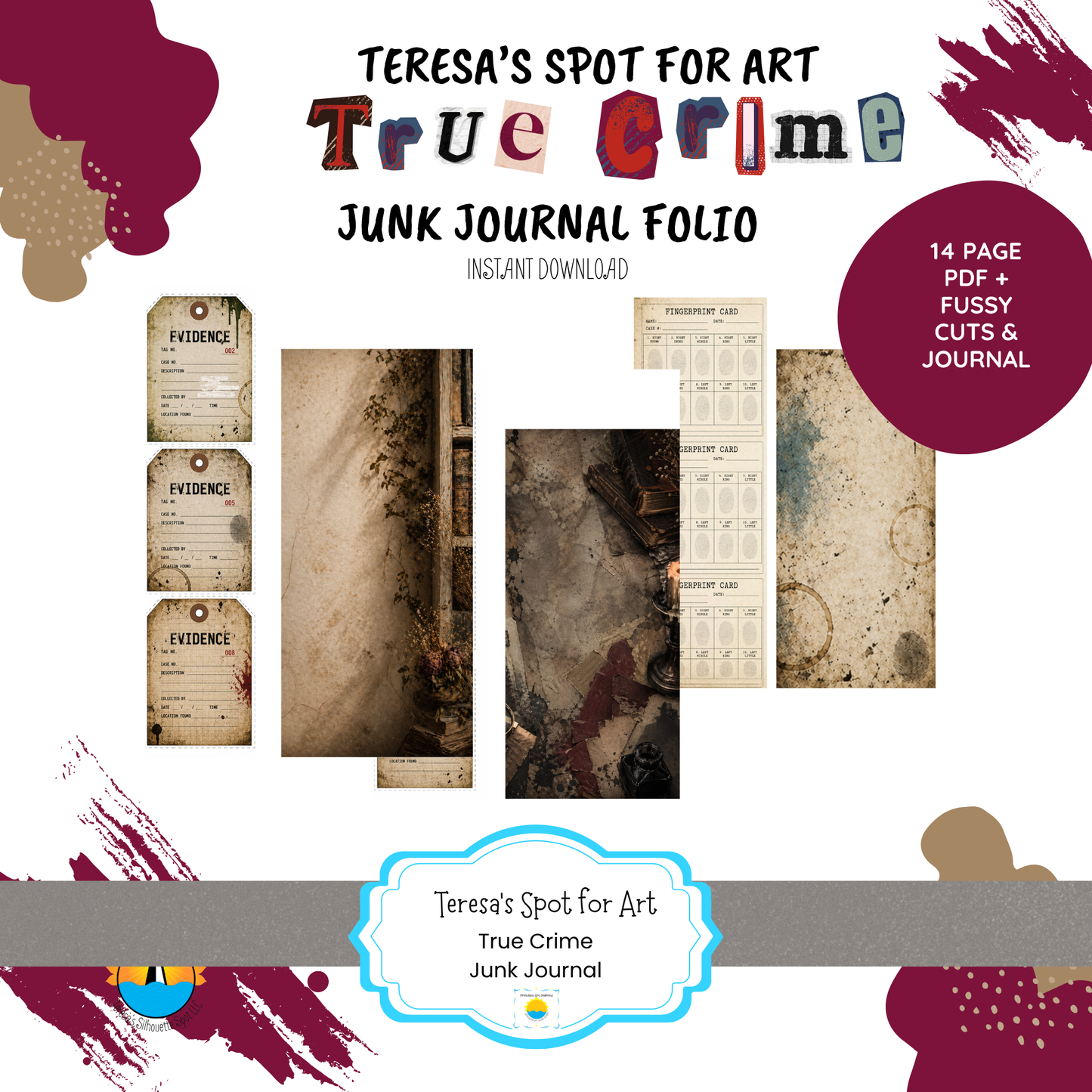 True Crime Junk Journal Folio Printable Kit –Instant 14 page Download