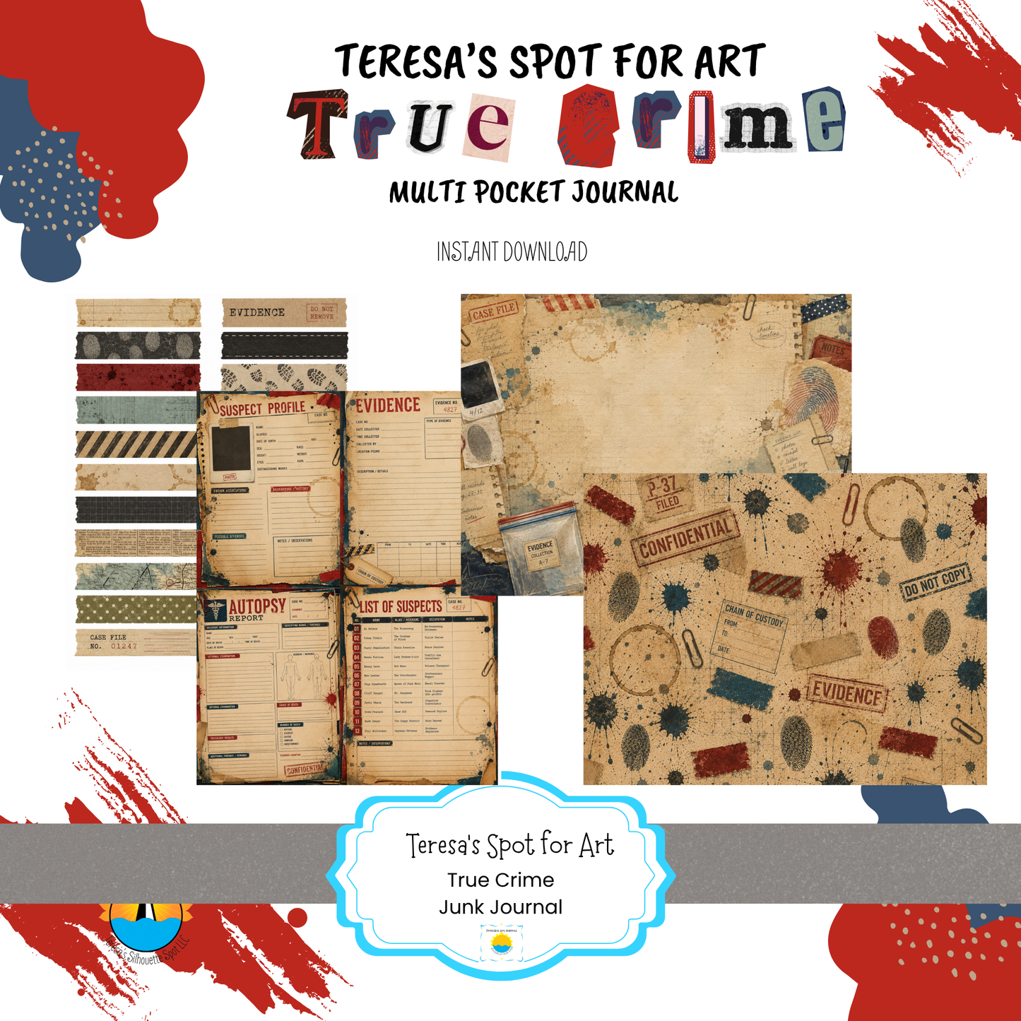 Printable True Crime Multi Pocket Junk Journal | 16  Pages for True Crime Book Lovers | Instant Download