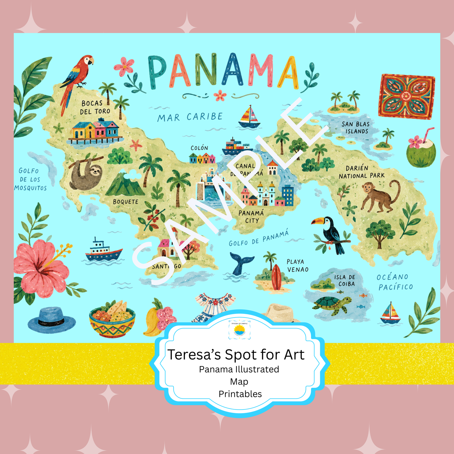 Panama Travel Poster Illustrated Map Digital Download