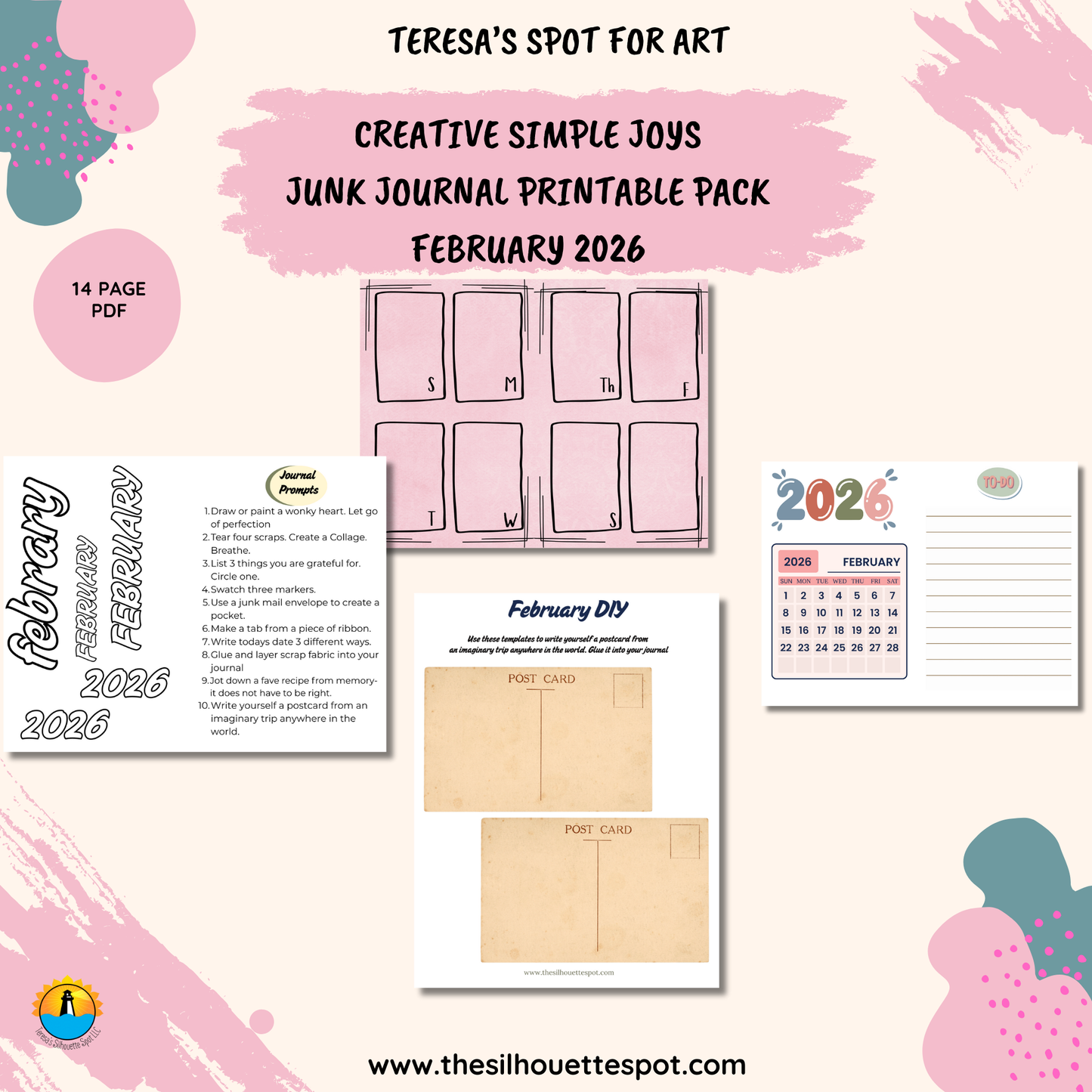 Junk Journal Monthly Bundle for February 2026- 14 Page PDF Junk Journal Printable