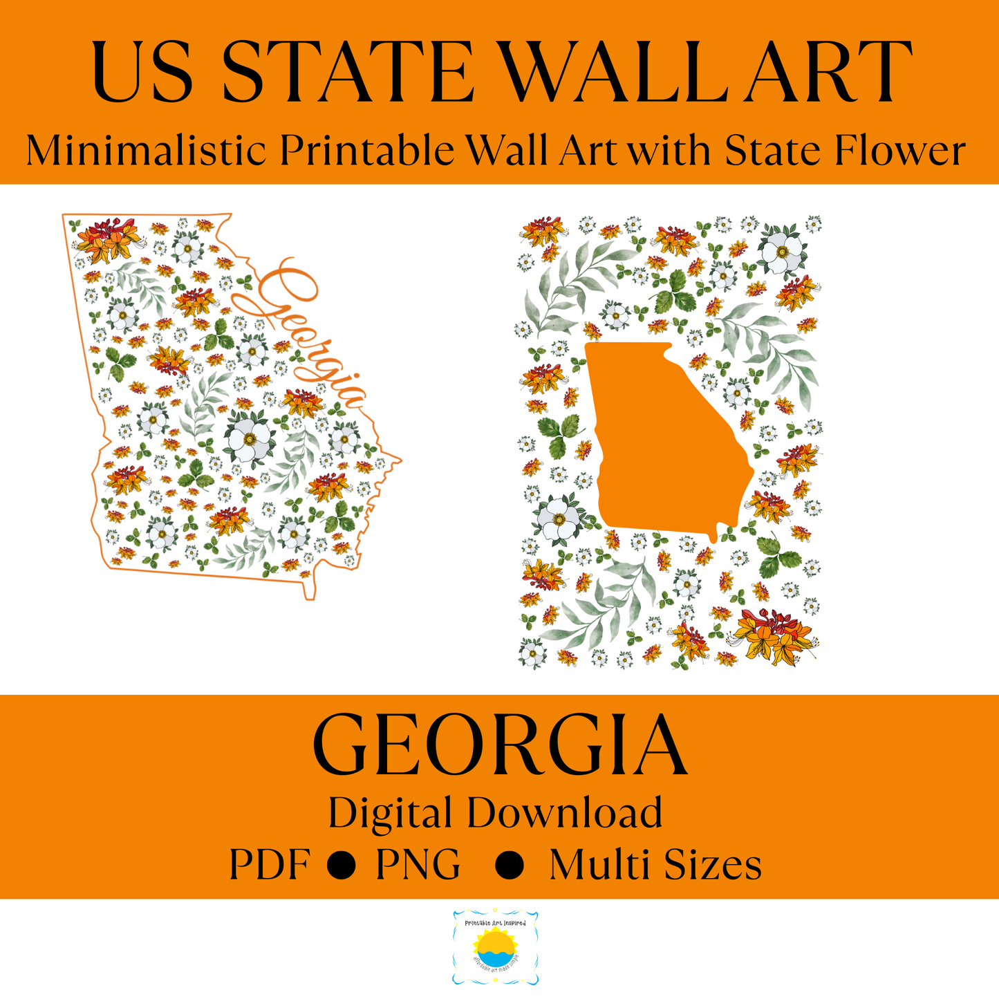 Georgia US State Digital Wall Art Printable, Minimalistic Georgia State Flower Art, Digital Download Georgia State Art