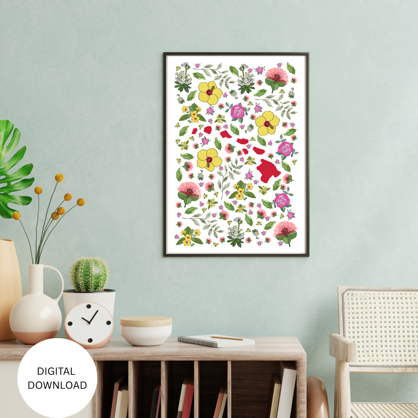 Hawaii US State Digital Wall Art Printable, Minimalistic Hawaii State Flower Art, Digital Download Hawaii State Art
