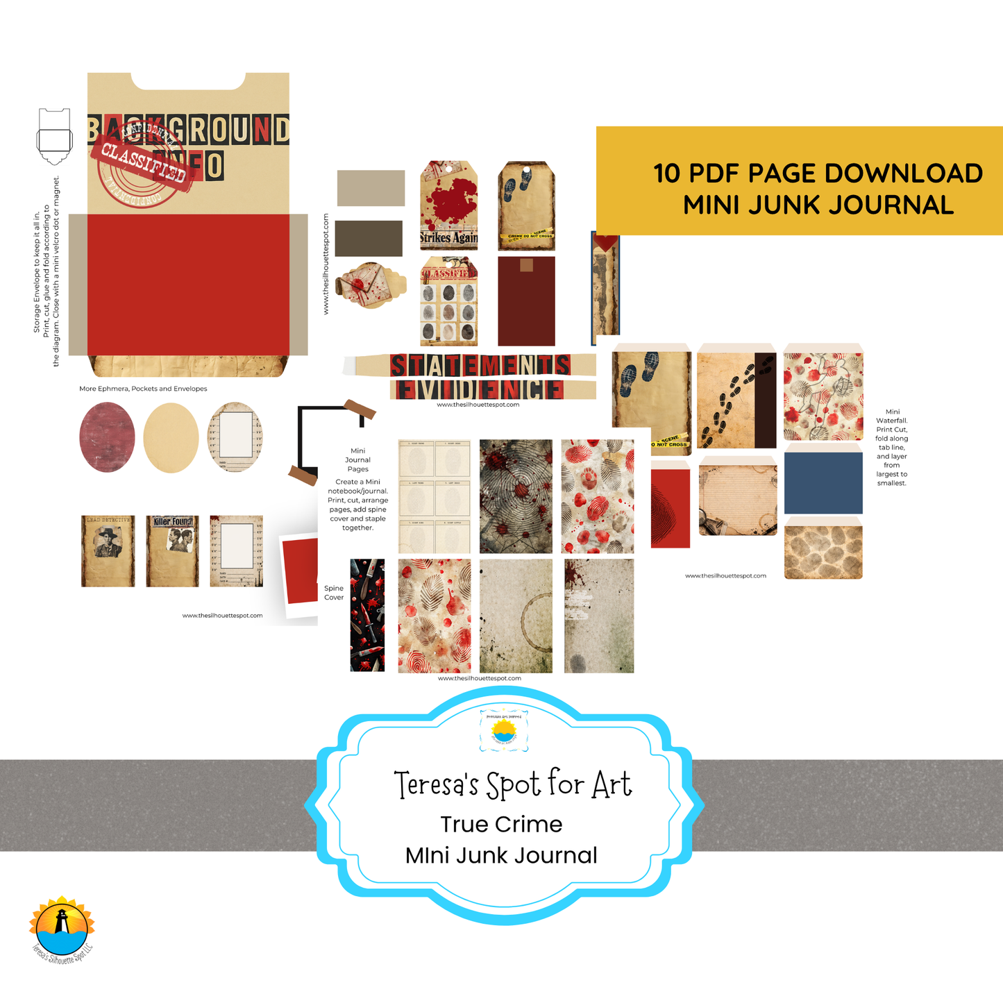 True Crime MIni Junk Journal Printable Kit –Instant 10 page Download