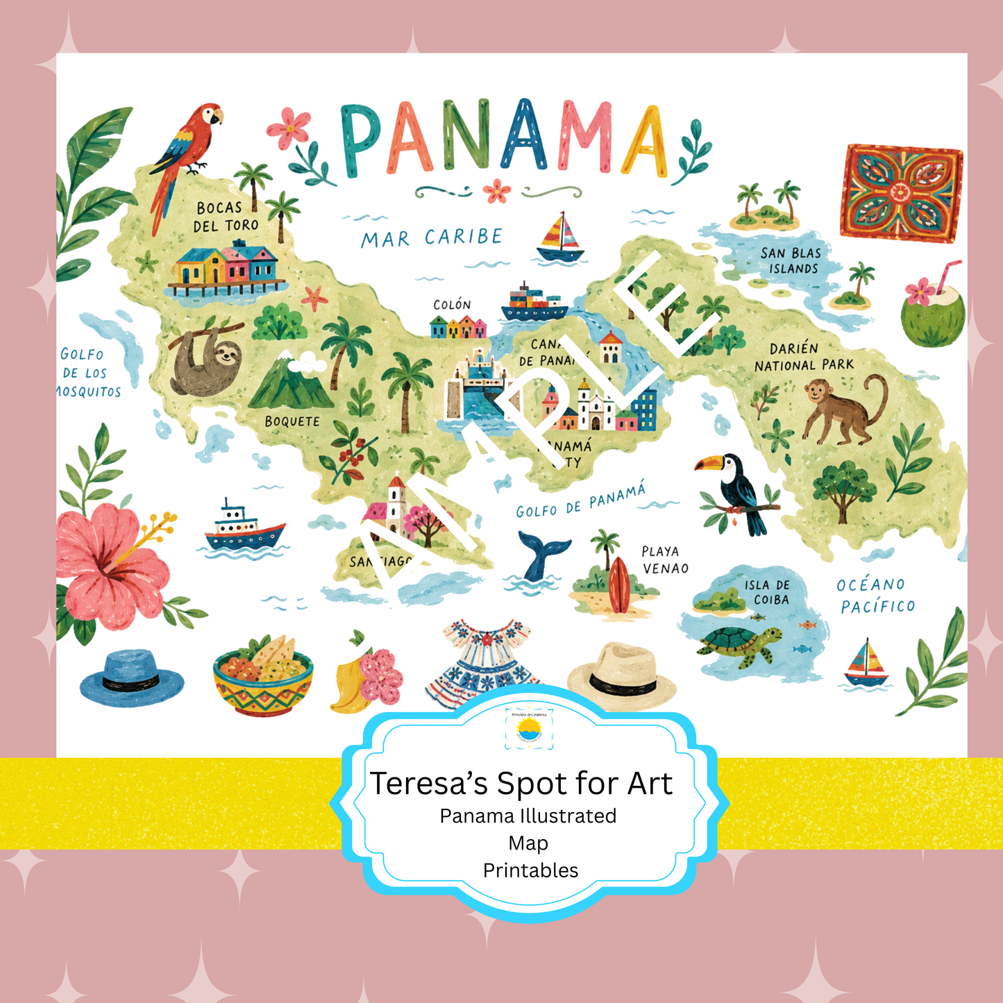 Panama Travel Poster Illustrated Map Digital Download