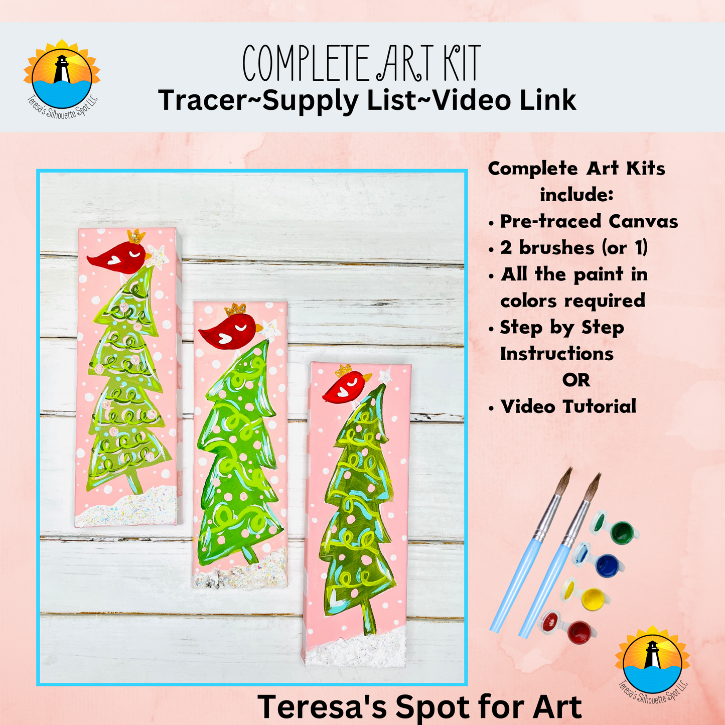 Whimsy Christmas Tree Canvas Set Complete Art Kit! At home Beginner DIY Art Kit! Whimsy Christmas Tree Canvas Set Great For Beginners!