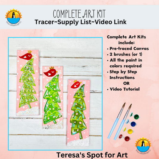 Whimsy Christmas Tree Canvas Set Complete Art Kit! At home Beginner DIY Art Kit! Whimsy Christmas Tree Canvas Set Great For Beginners!
