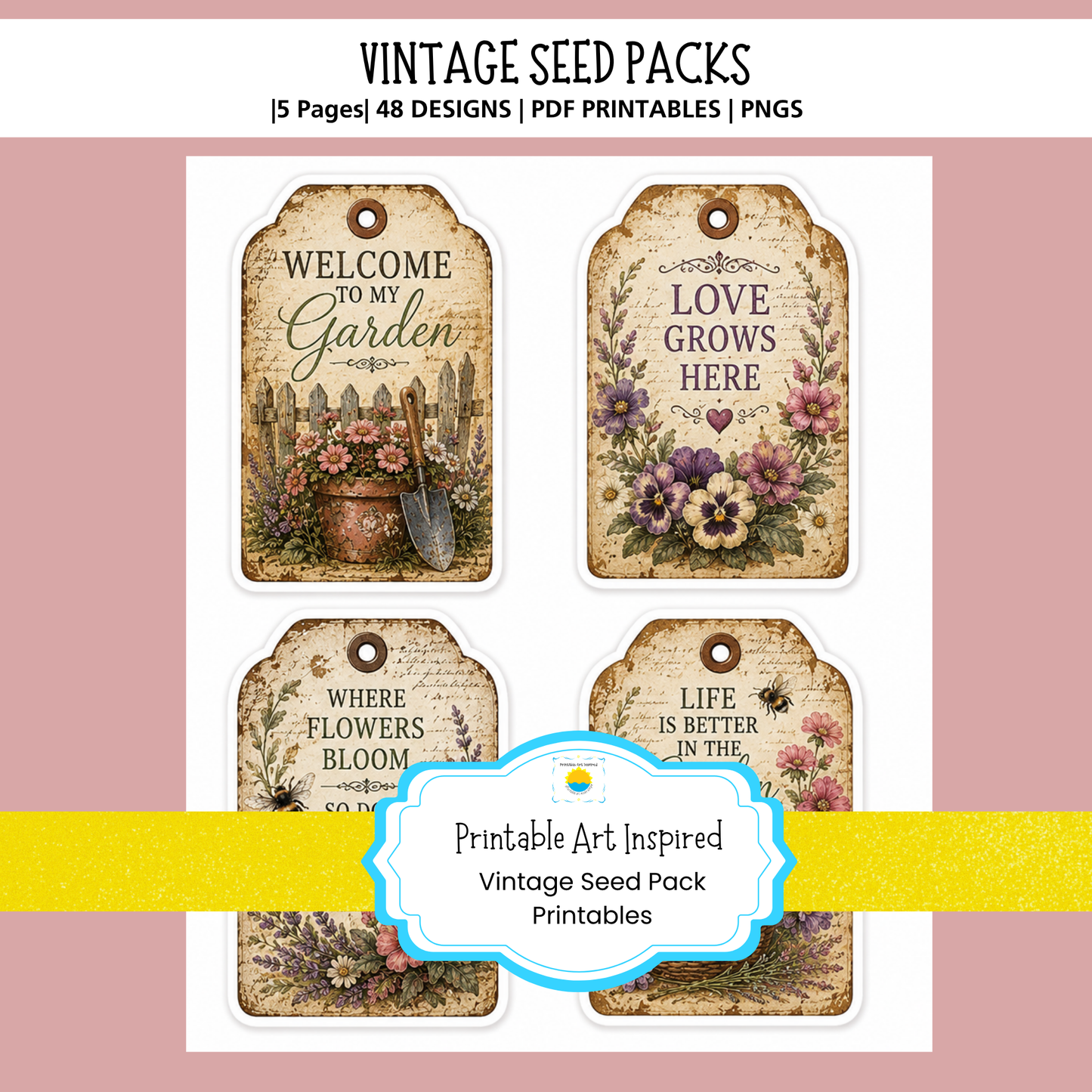 Vintage Flower Seed Pack Printables for Journaling, Collage & Creative Crafts 6 page PDF Instant Download