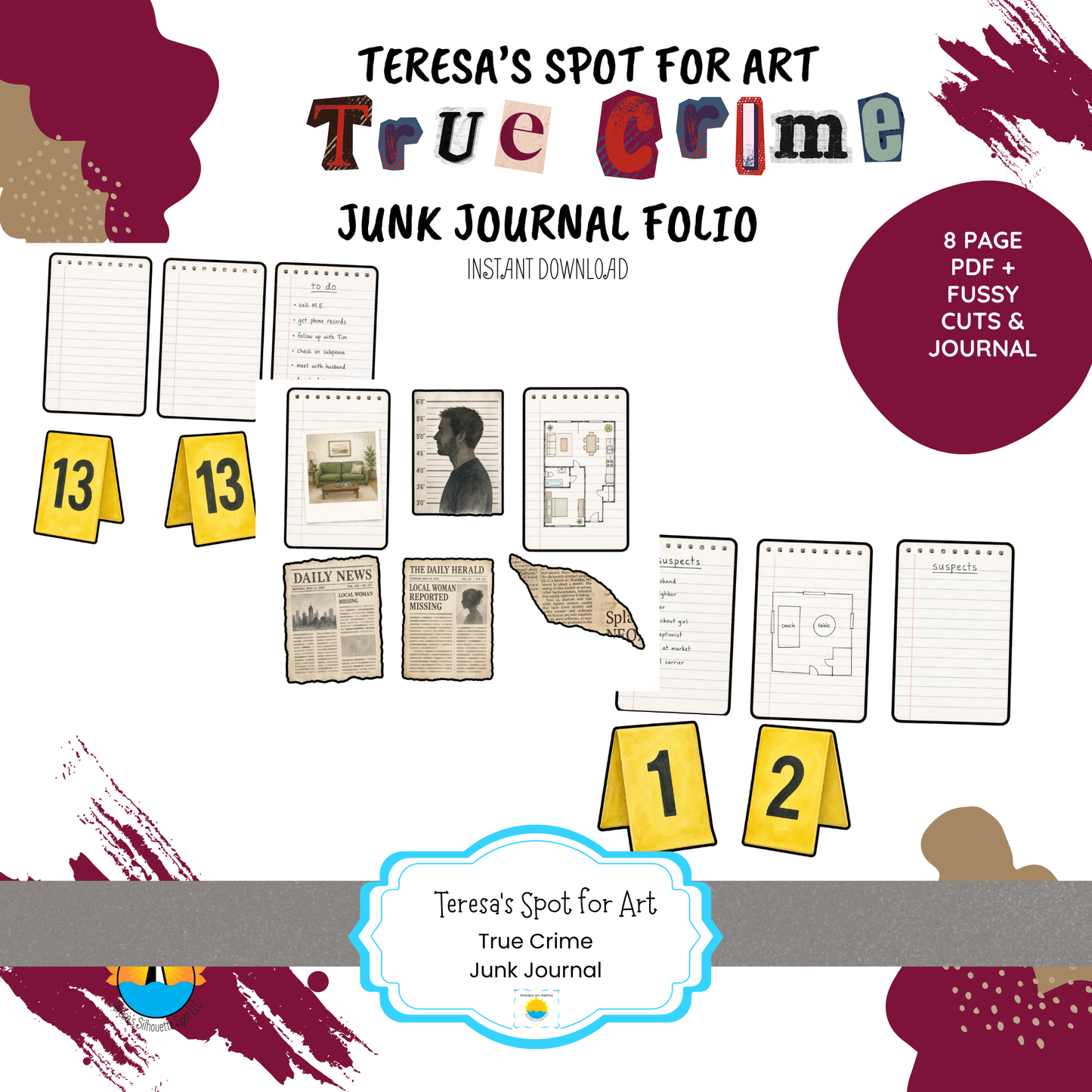 True Crime Junk Journal Mini Crime Pad –Instant 8 page Download