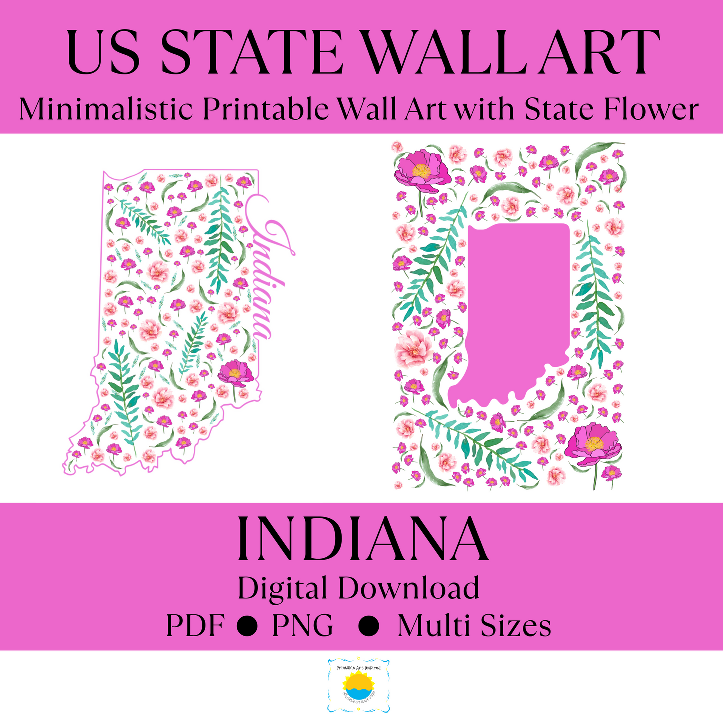 Indiana US State Digital Wall Art Printable, Minimalistic Indiana State Flower Art, Digital Download Indiana State Art