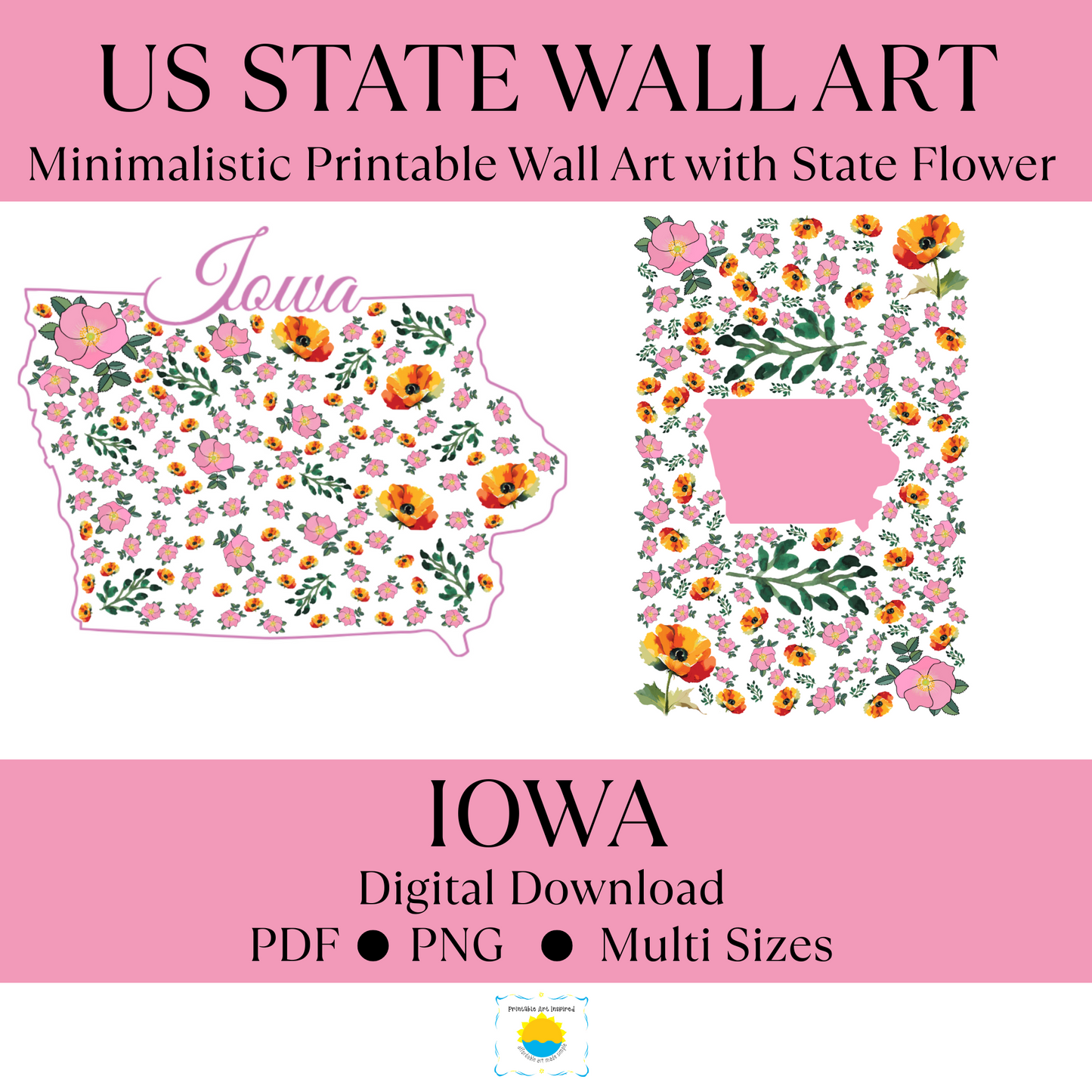 Iowa US State Digital Wall Art Printable, Minimalistic Iowa State Flower Art, Digital Download Iowa State Art