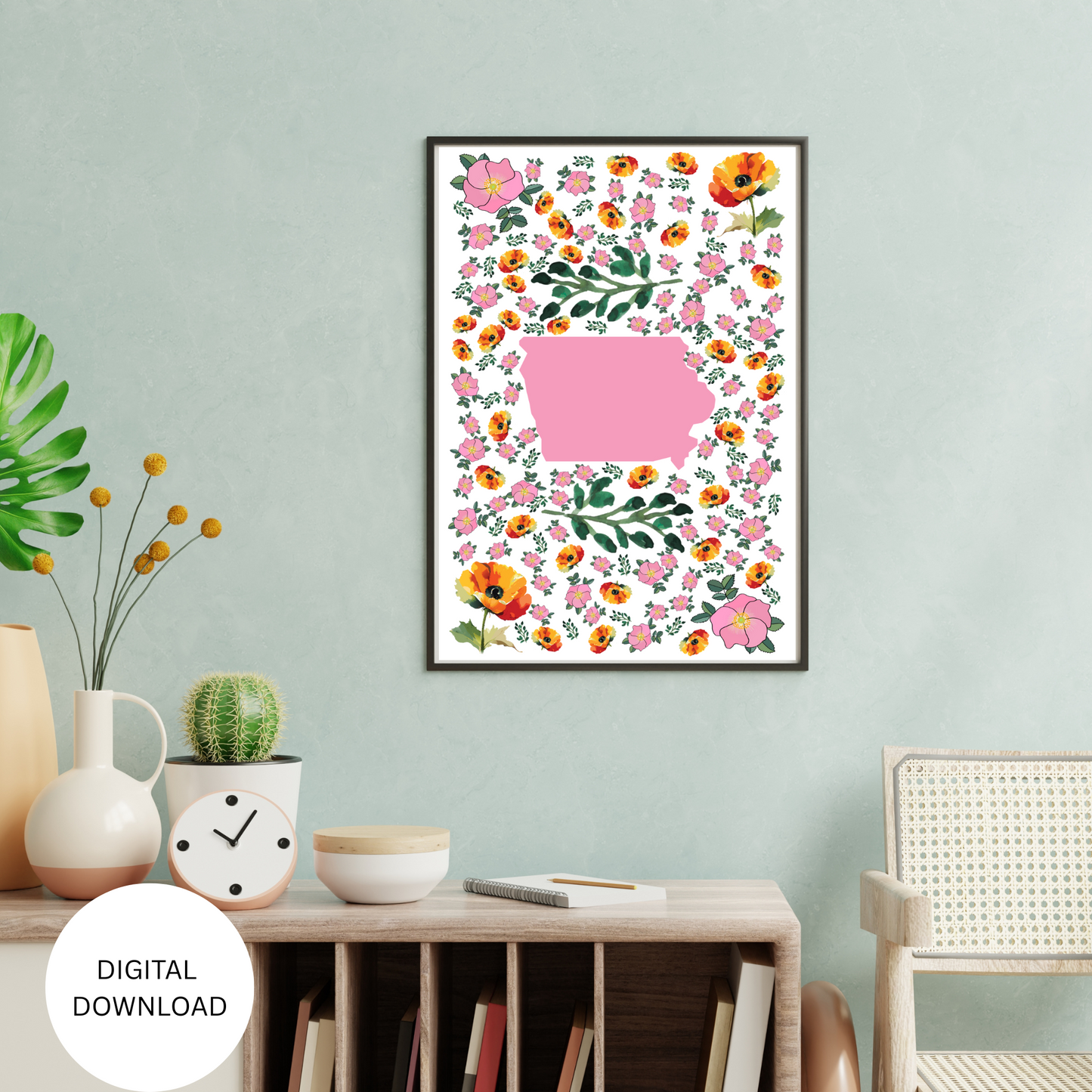 Iowa US State Digital Wall Art Printable, Minimalistic Iowa State Flower Art, Digital Download Iowa State Art