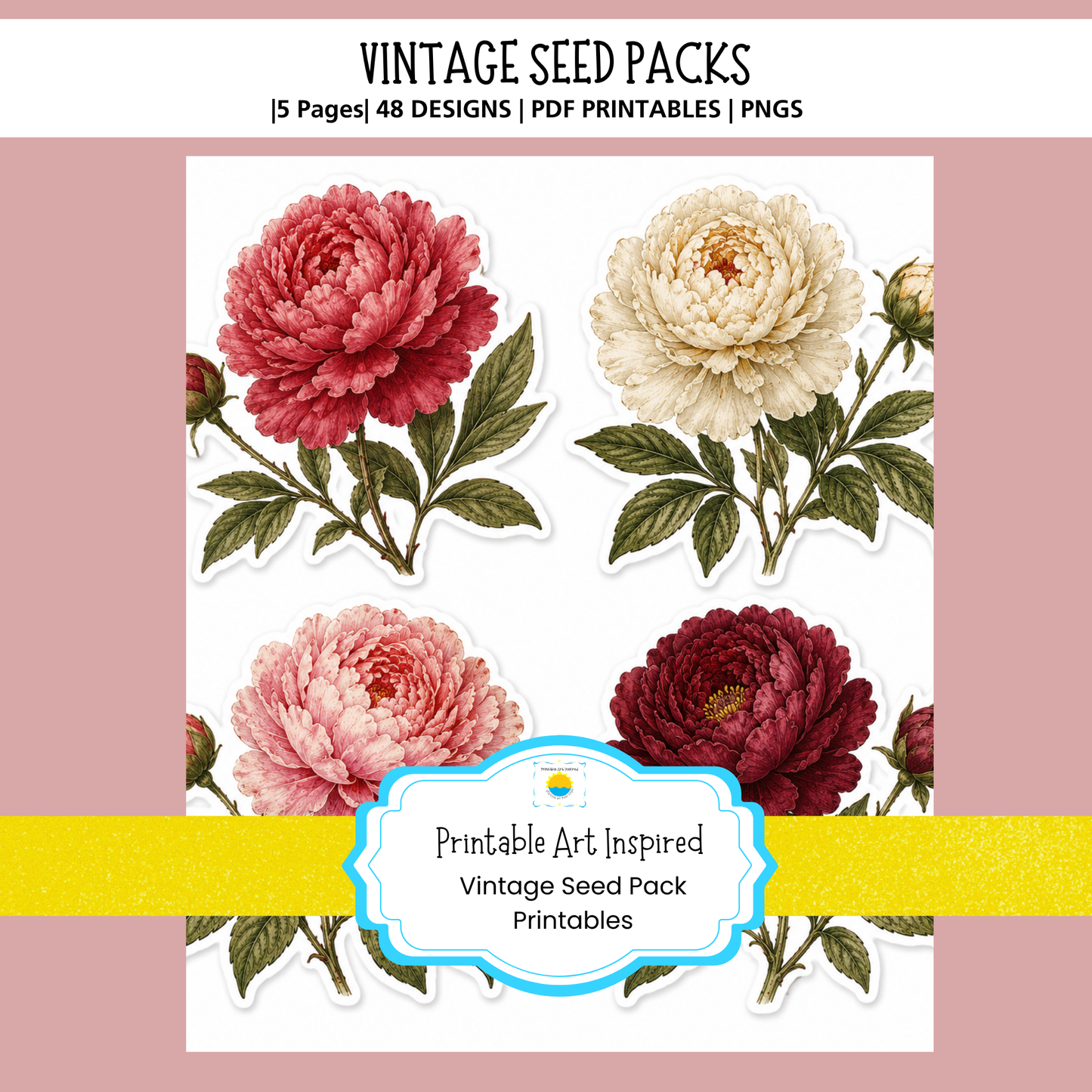 Vintage Flower Seed Pack Printables for Junk Journaling, Collage & Creative Crafts 32 page PDF Instant Download