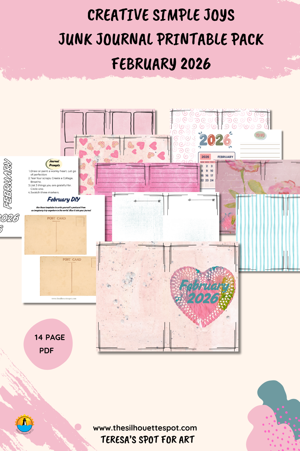 Junk Journal Monthly Bundle for February 2026- 14 Page PDF Junk Journal Printable