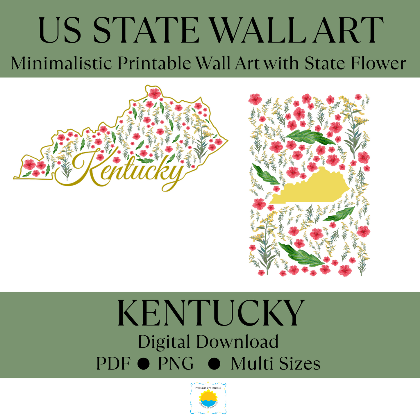 Kentucky US State Digital Wall Art Printable, Minimalistic Kentucky State Flower Art, Digital Download Kentucky State Art