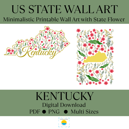 Kentucky US State Digital Wall Art Printable, Minimalistic Kentucky State Flower Art, Digital Download Kentucky State Art