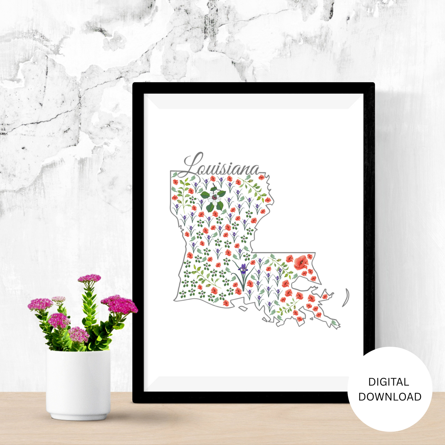 Louisianna US State Digital Wall Art Printable, Minimalistic Louisianna State Flower Art, Digital Download Louisianna State Art