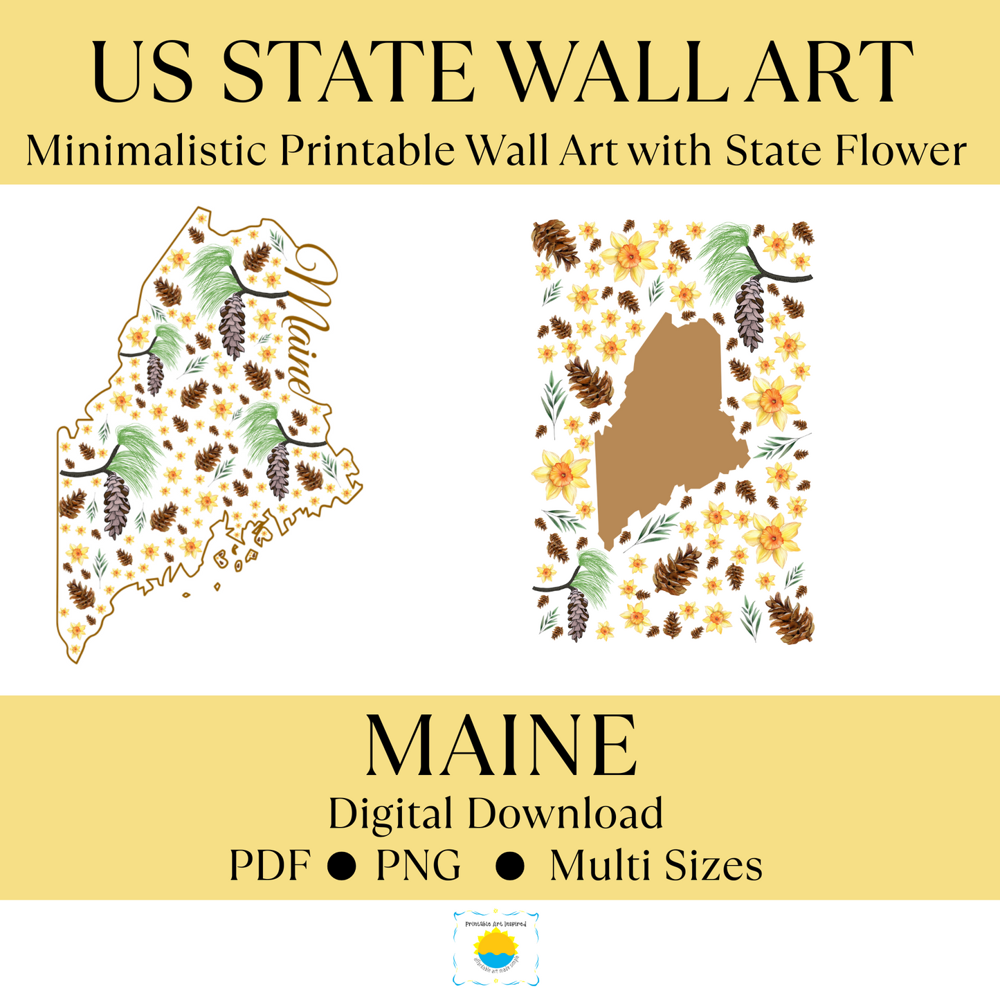Maine US State Digital Wall Art Printable, Minimalistic Maine State Flower Art, Digital Download Mainea State Art