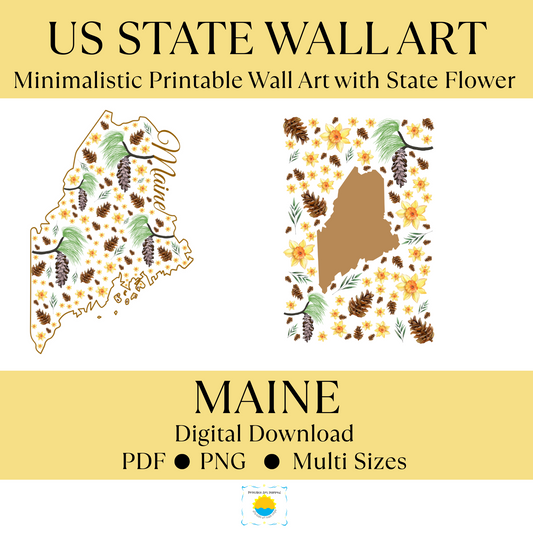 Maine US State Digital Wall Art Printable, Minimalistic Maine State Flower Art, Digital Download Mainea State Art