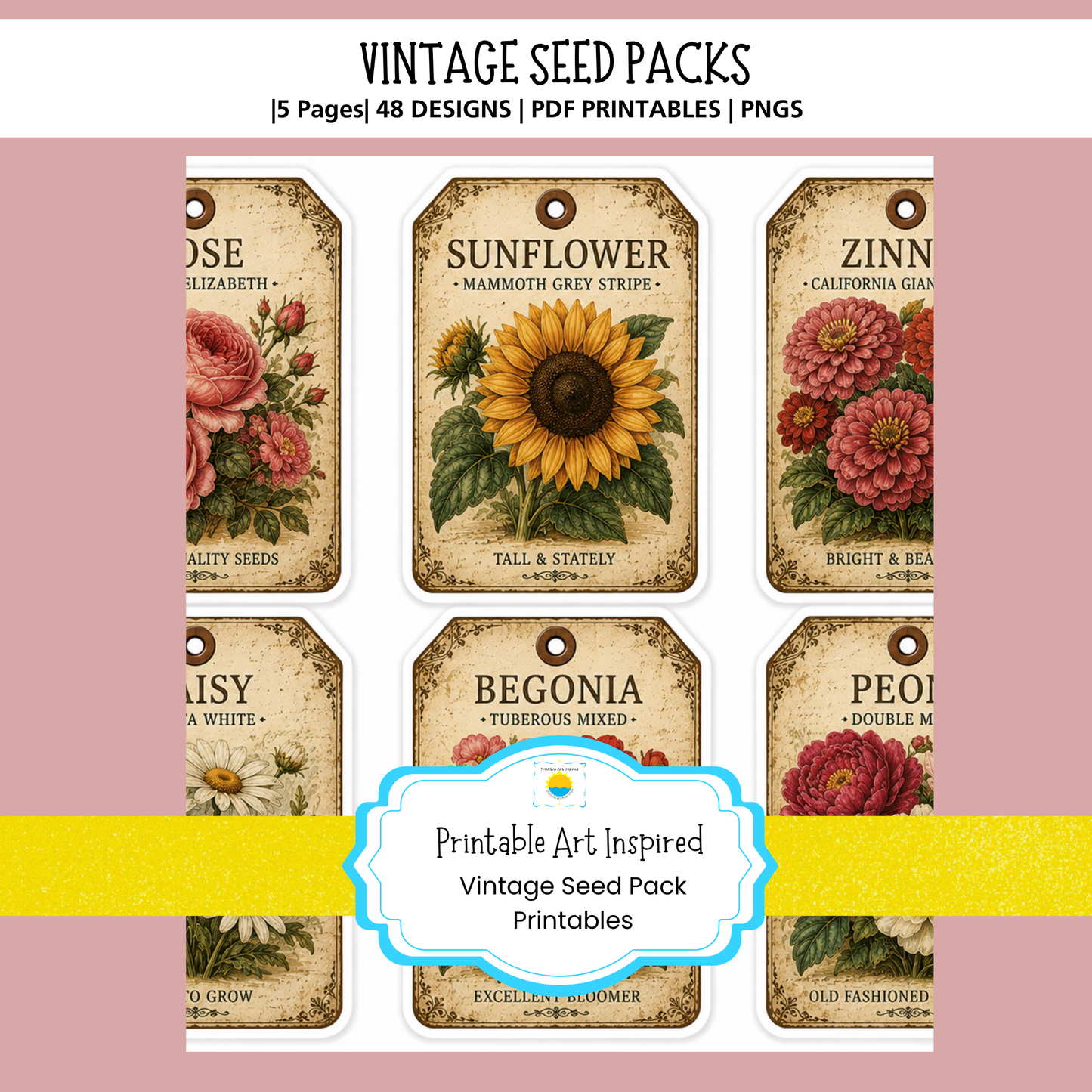 Vintage Flower Seed Pack Printables for Journaling, Collage & Creative Crafts 6 page PDF Instant Download