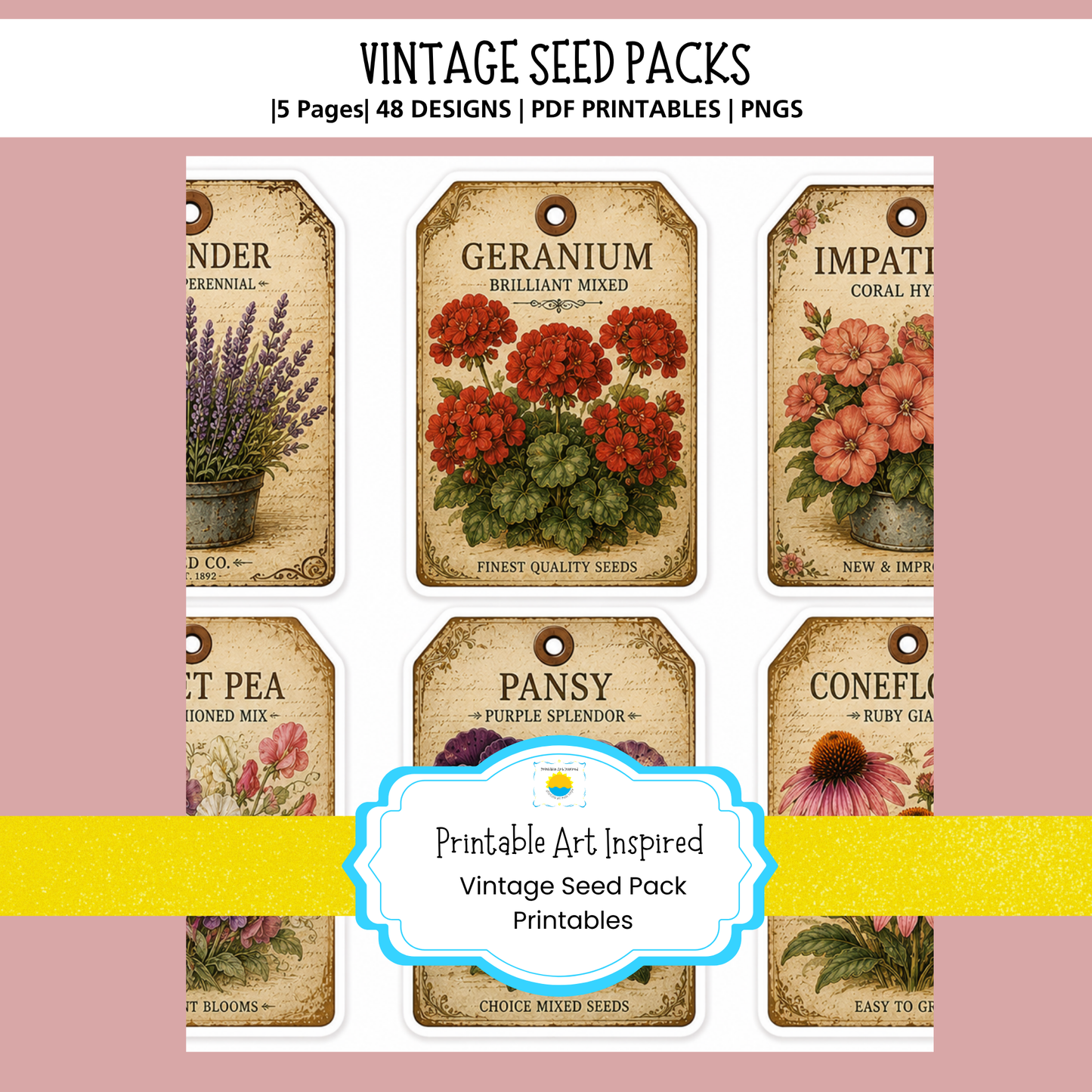 Vintage Flower Seed Pack Printables for Junk Journaling, Collage & Creative Crafts 32 page PDF Instant Download