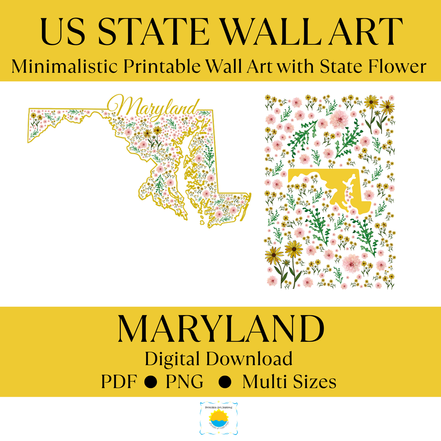 Maryland US State Digital Wall Art Printable, Minimalistic Maryland State Flower Art, Digital Download Maryland State Art