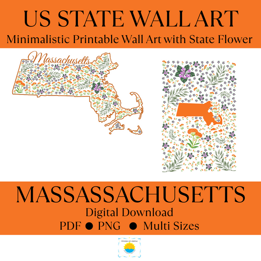 Massachusetts US State Digital Wall Art Printable, Minimalistic Massachusetts State Flower Art, Digital Download Massachusetts State Art