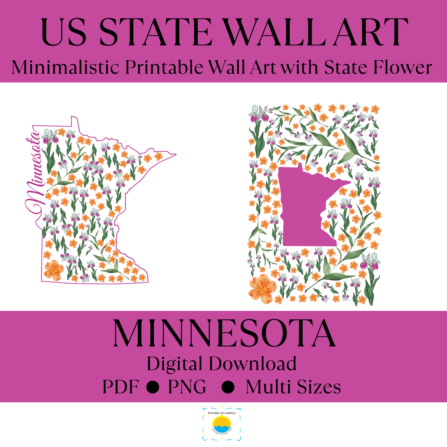 Minnesota US State and State Flower Printable Wall Art – Digital Download ✨