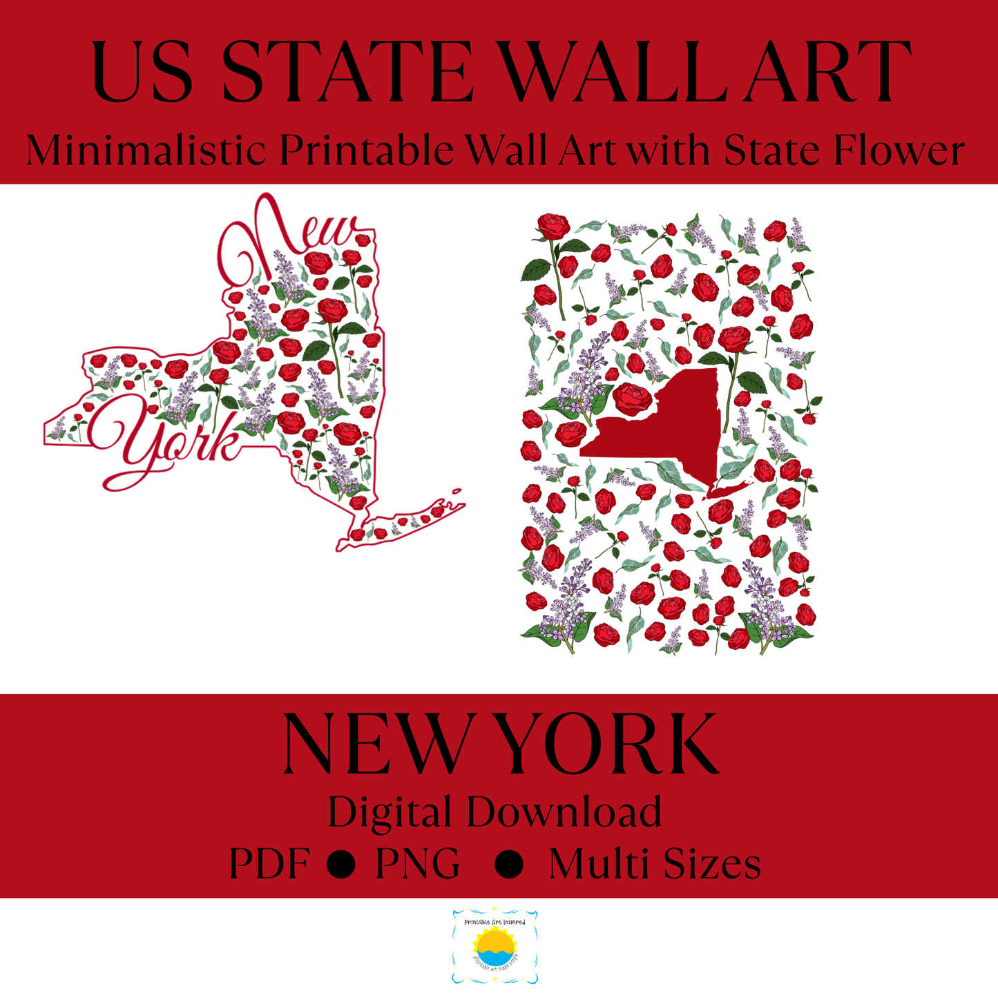 New York US State and State Flower Printable Wall Art – Digital Download ✨