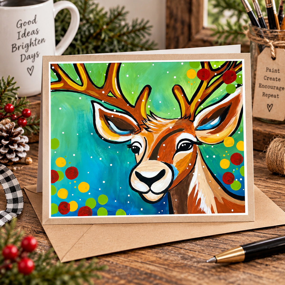 Paint at Home Fun Reindeer Step by Step Beginner Acrylic Painting Digital Download PDF Kit and Video Tutorial