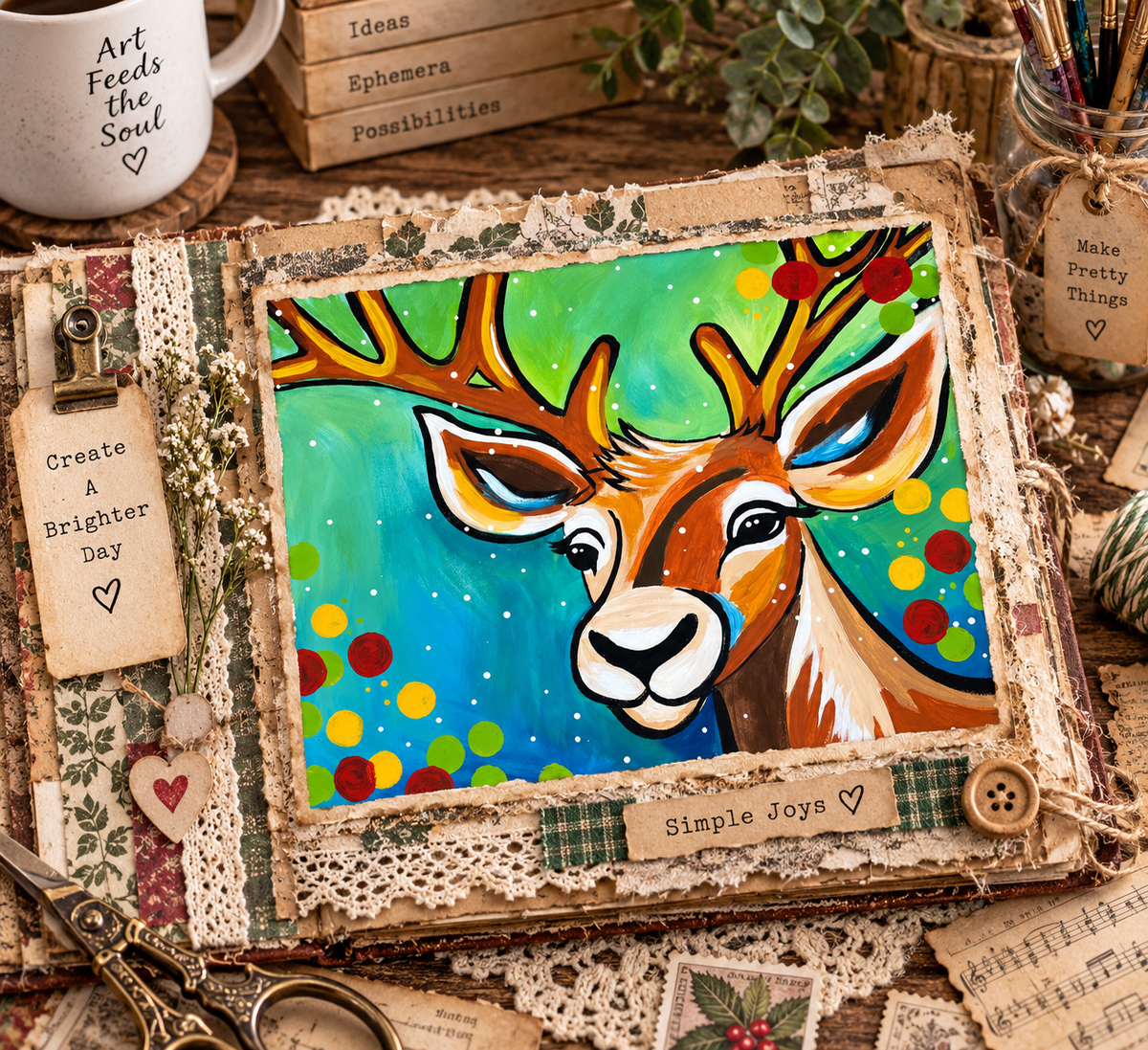 Paint at Home Fun Reindeer Step by Step Beginner Acrylic Painting Digital Download PDF Kit and Video Tutorial