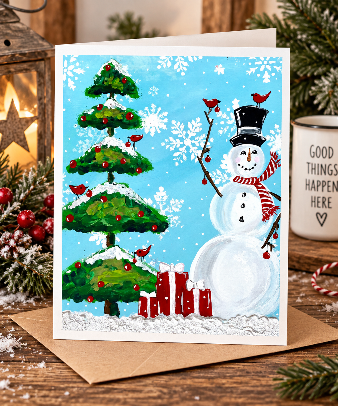 Paint at Home: Christmas Tree and Snowman Step by Step Beginner Acrylic Painting Digital Download PDF Kit and Video Tutorial