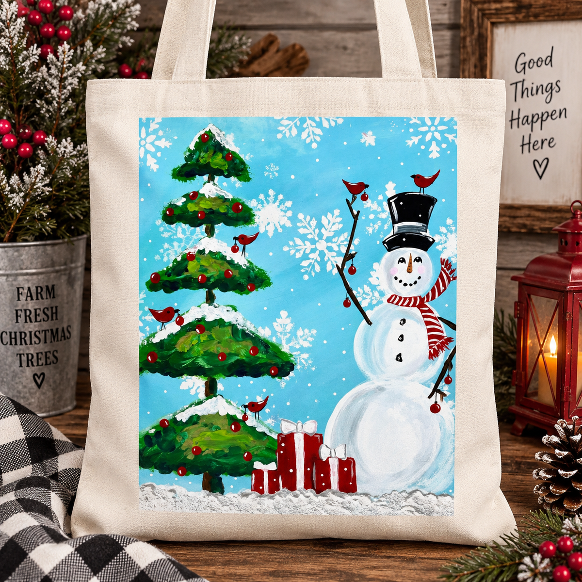 Paint at Home: Christmas Tree and Snowman Step by Step Beginner Acrylic Painting Digital Download PDF Kit and Video Tutorial