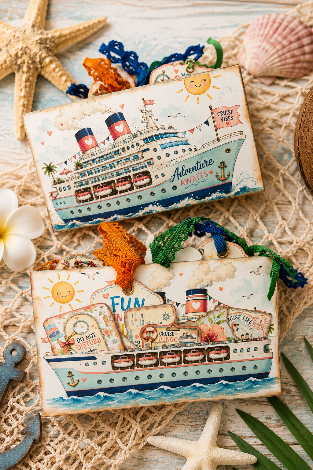 Cruise Into Summer "Cruise Vacation" Theme Accordion Junk Journal, Memory Keeper Folio 13-Page Printed Bundle + Video Instructions