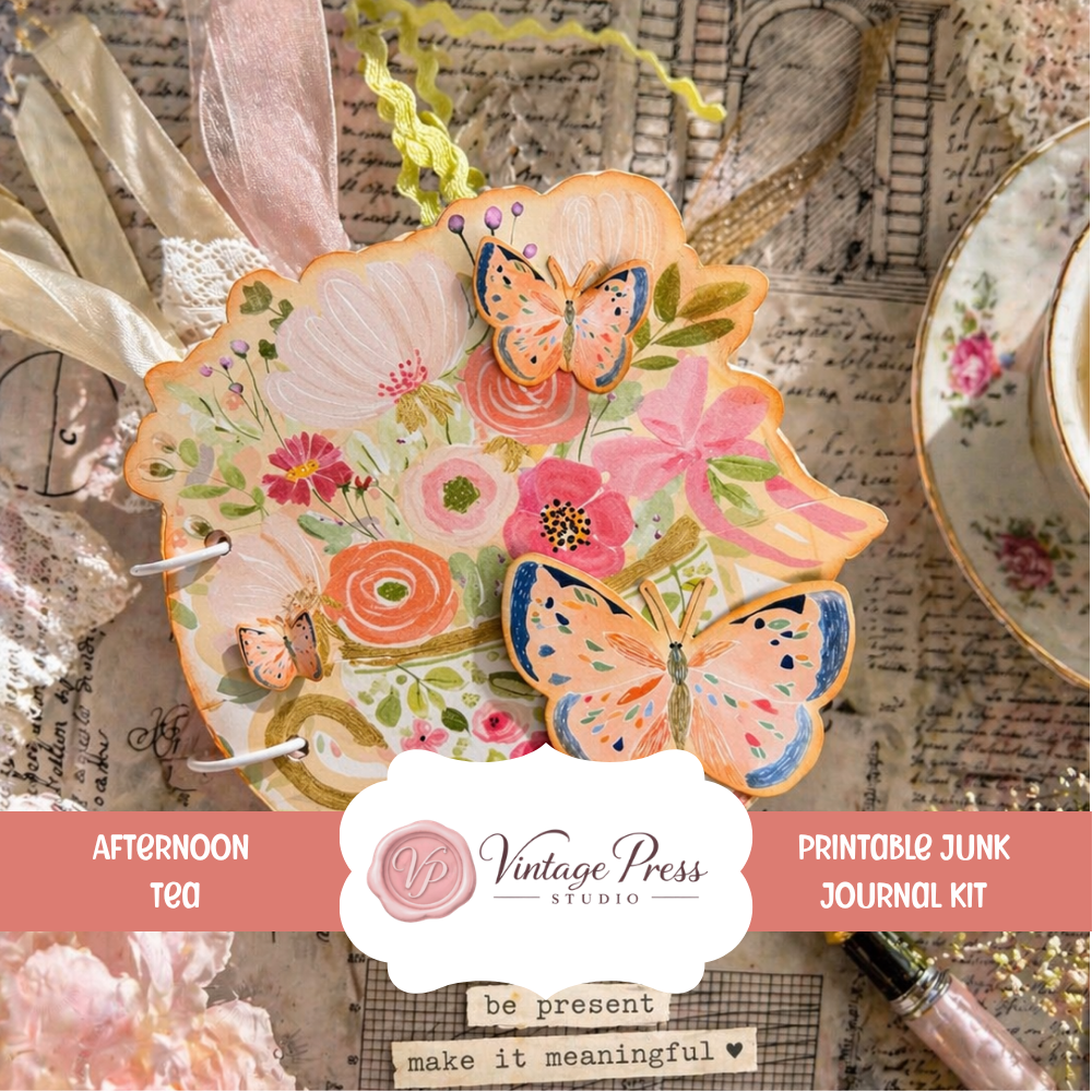 Tea Party Junk Journal Kit, Shabby Chic Scrapbooking Folio, Printable Memory Keeper Folio 19-Page Printed Bundle + Video Instructions