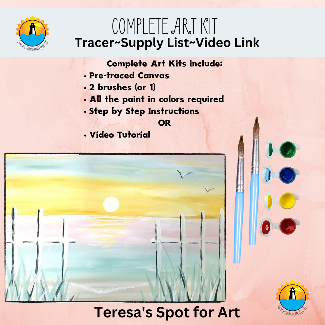 Canvas Complete Art Kit! Virtual at home Sunset Beach Scene DIY Art! Great For Beginners!