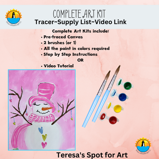 Pink Snowman Scene Art Party Kit! At Home Paint Party Supplies! Beginner Friendly!