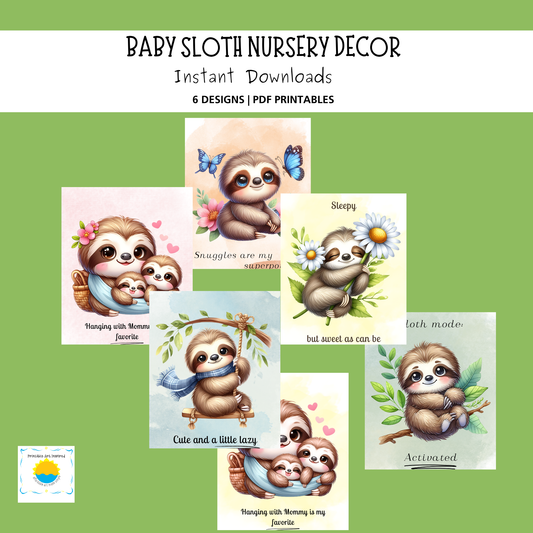 Cute Sloth Nursery Wall Art Printables Bundle of 6