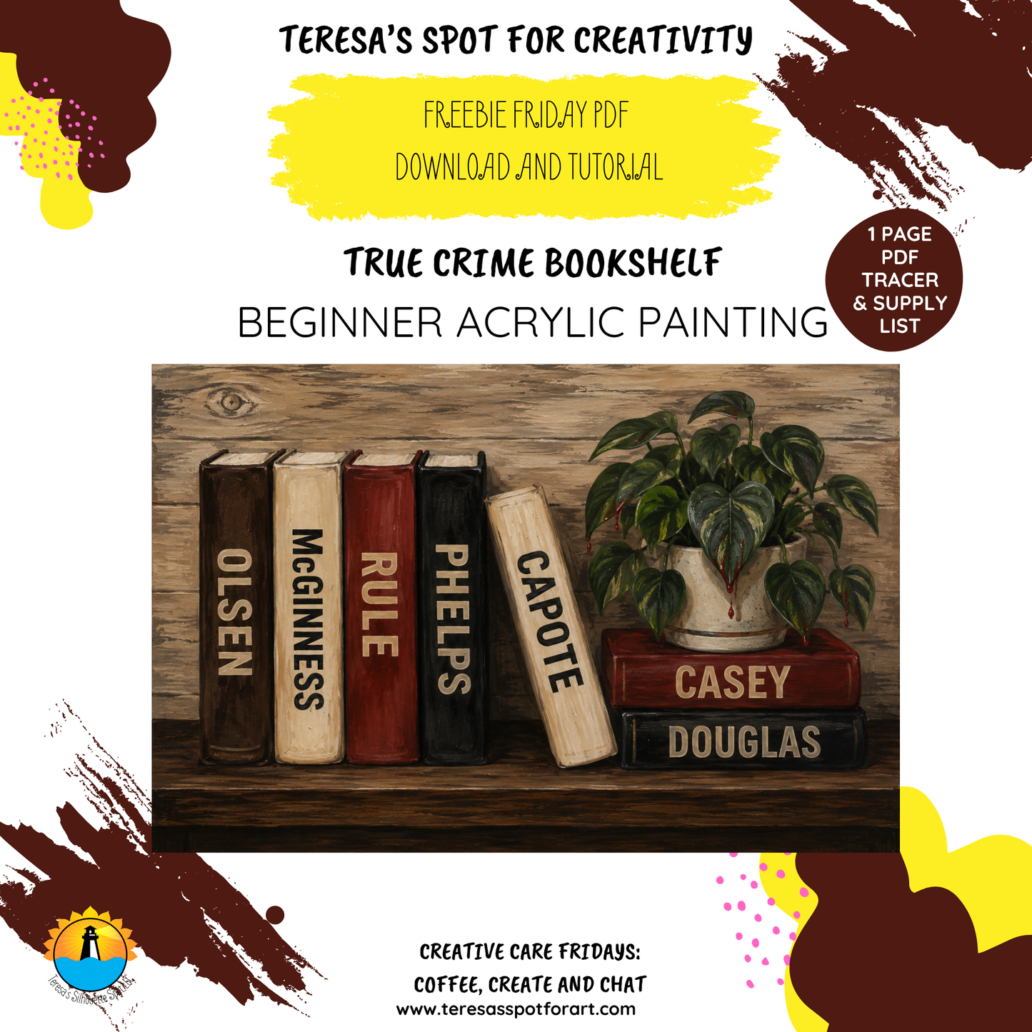 Beginner Acrylic Painting Packet with Step by Step Video: True Crime Bookshelf