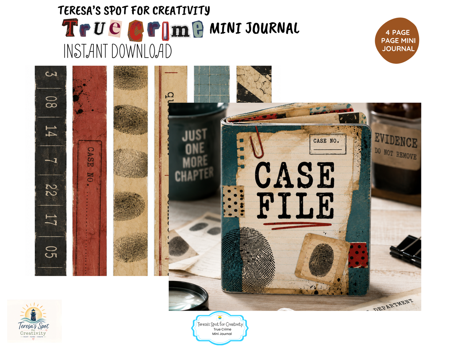 Printable True Crime Mini Junk Journal Kit | Case File Detective Journal | 4 Page PDF Digital Download