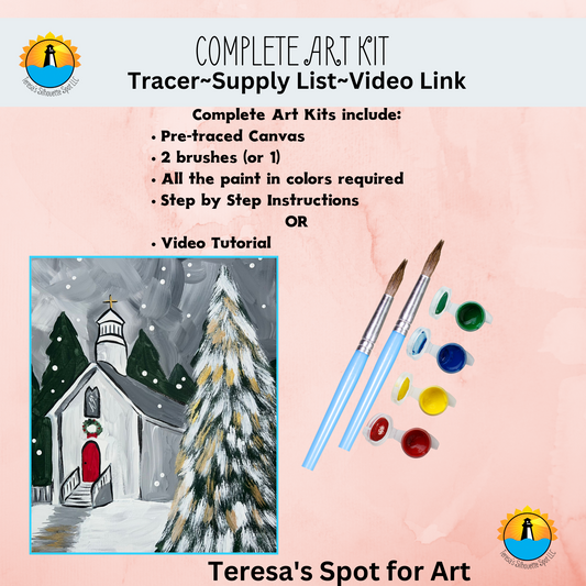 Winter Chapel with Evergreen Complete Paint Night Art Party Kits for at Home Paint and Sip