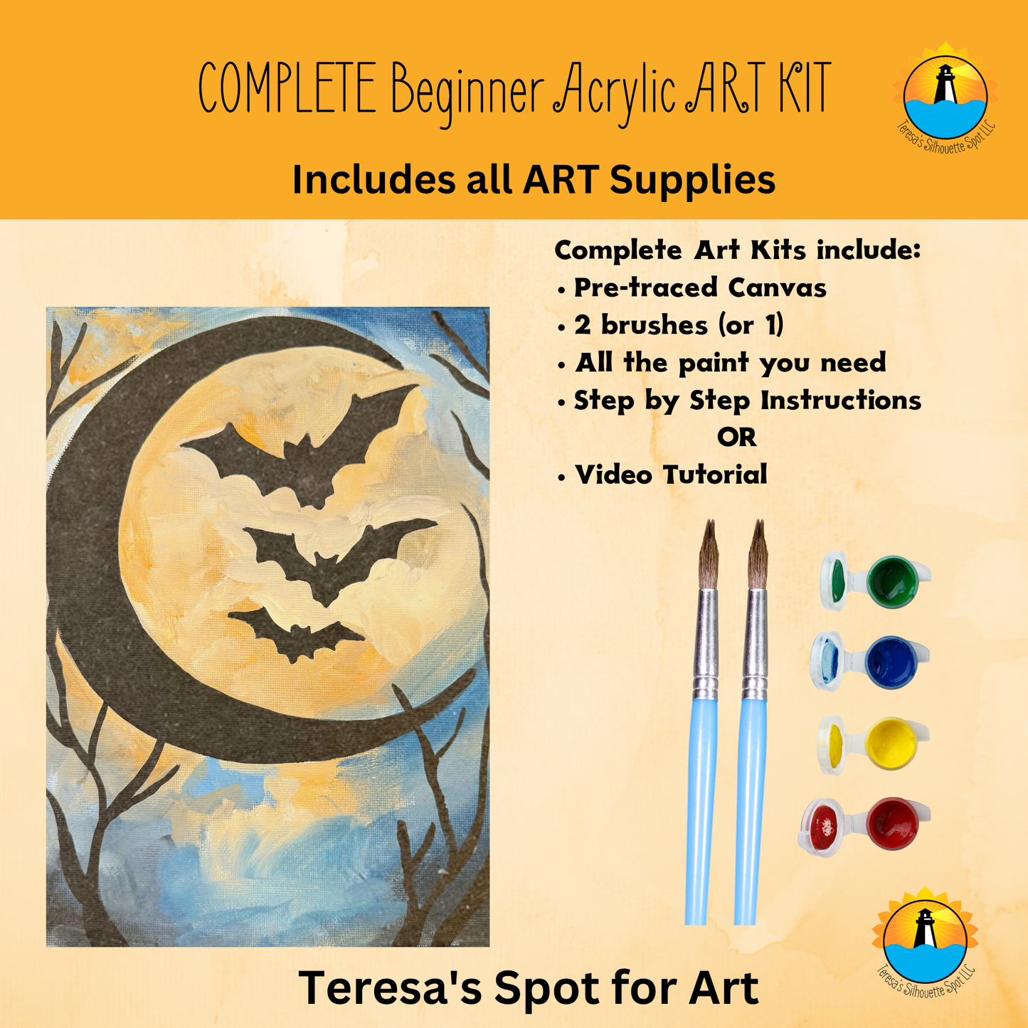 Beginner Spooky Bats Complete Art Kit For at Home Halloween Art Party