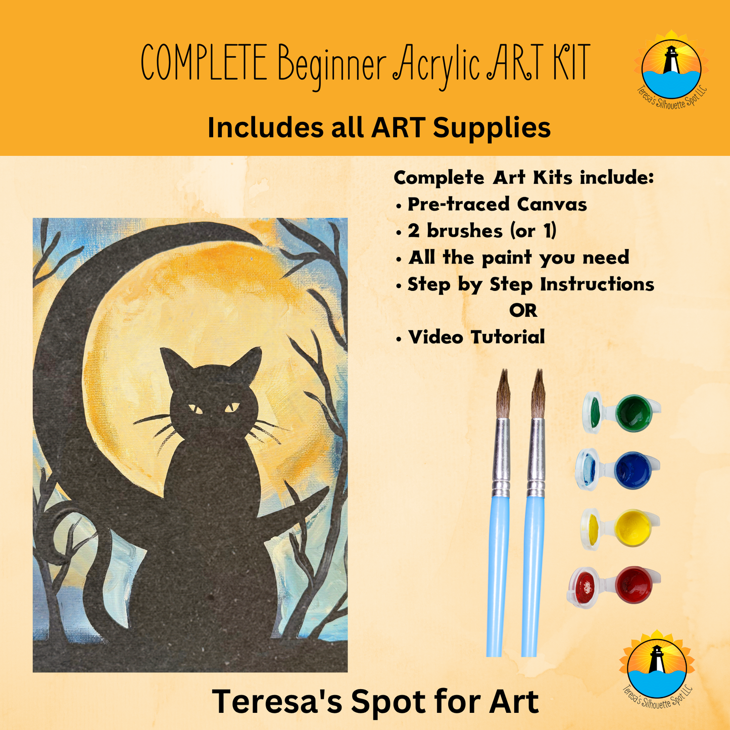 Beginner Black Cat Complete Art Kit For at Home Halloween Art Party
