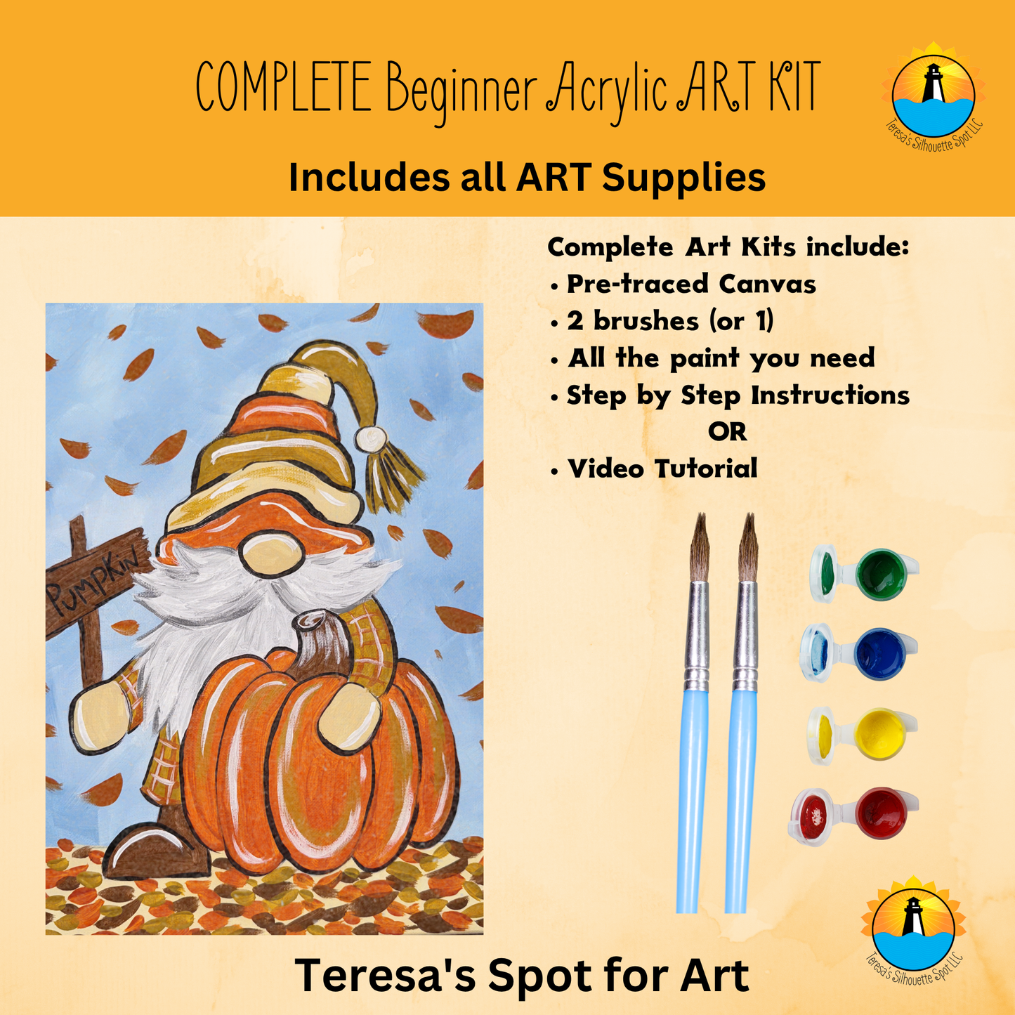 Fall Pumpkin Gnome Complete Art Kit For at Home Halloween Art Party
