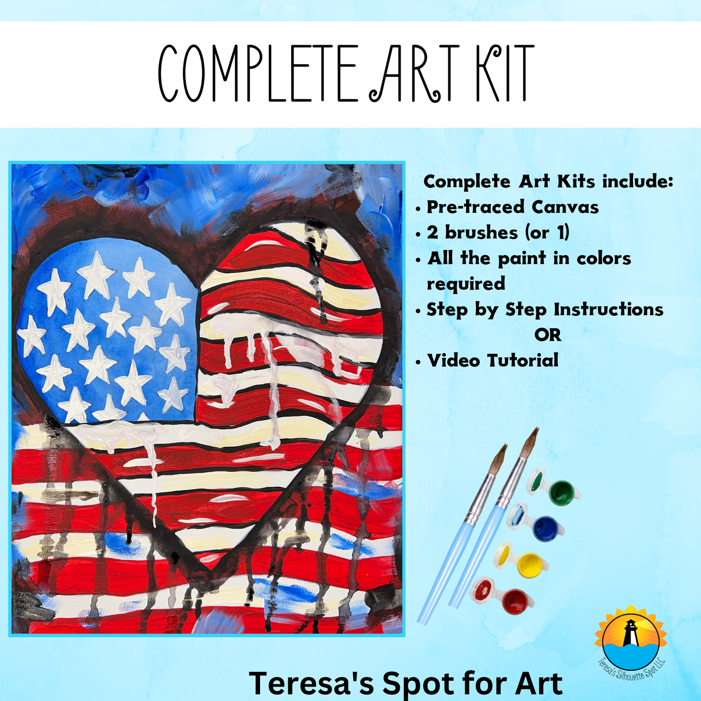 Patriotic Heart USA distressed Flag Complete Acrylic Art Kit