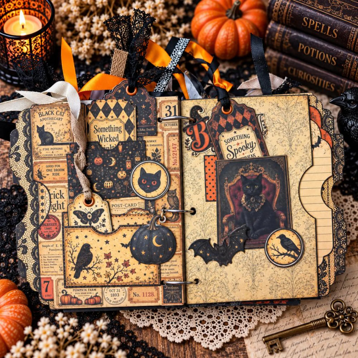 Vintage Halloween Junk Journal Kit (36 Pages), Book of Oddities & Curiosities, Tutorial, Ephemera, Papers, Tags, Cards