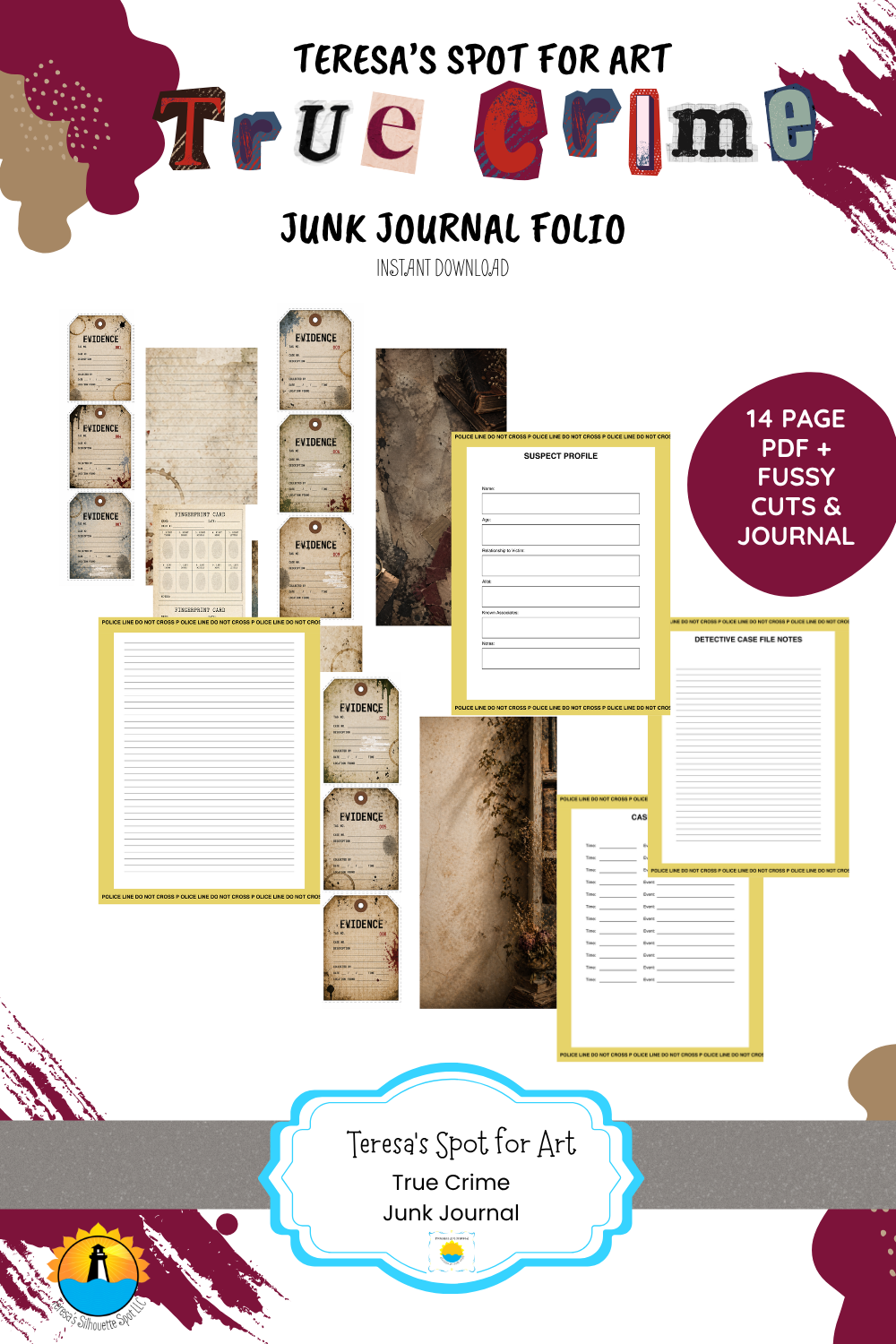 True Crime Junk Journal Folio Printable Kit –Instant 14 page Download