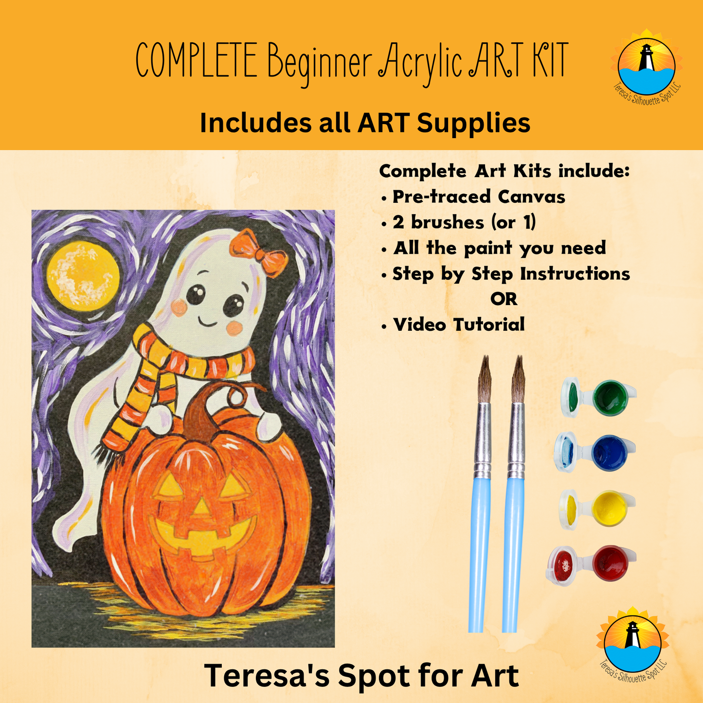 Beginner Candy Corn Ghost Complete Art Kit For at Home Halloween Art Party